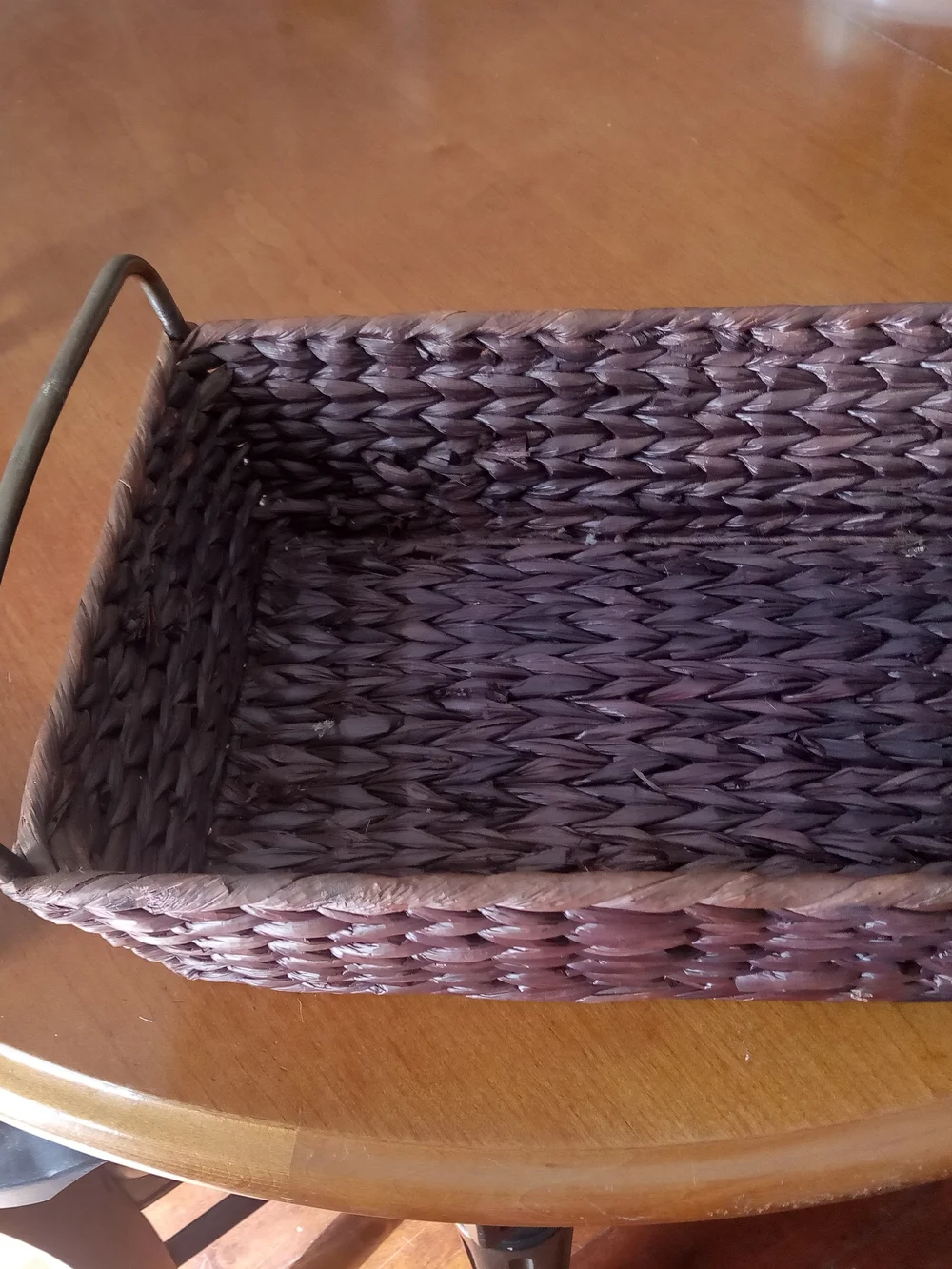 Vintage Brown Woven Rectangular Storage Basket with Metal Handles